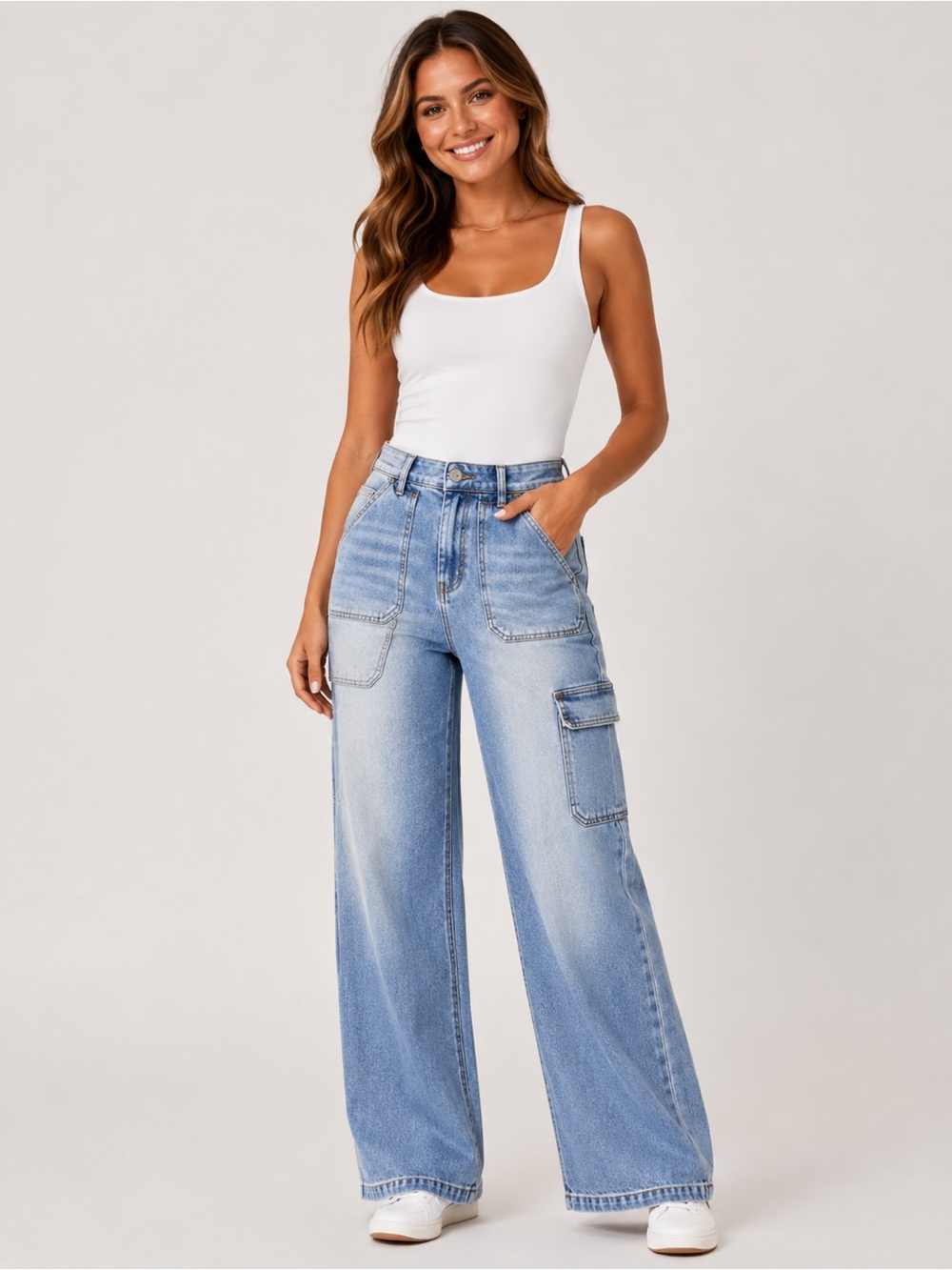 NWT Risen Jeans Light Wash High Rise Wide Leg Cargo Jeans Size 13/31 #1130